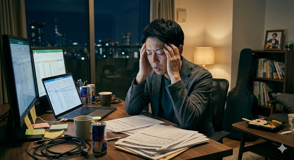 パソコンの前で頭を抱え、仕事のストレスで疲れ果てた30代男性の様子。自分を見失いそうなビジネスマンの日常。