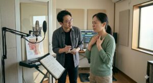 大橋のボイトレ教室「TANNY音楽教室」で、喉の力みに悩む生徒が講師からロジカルな指導を受けている様子。