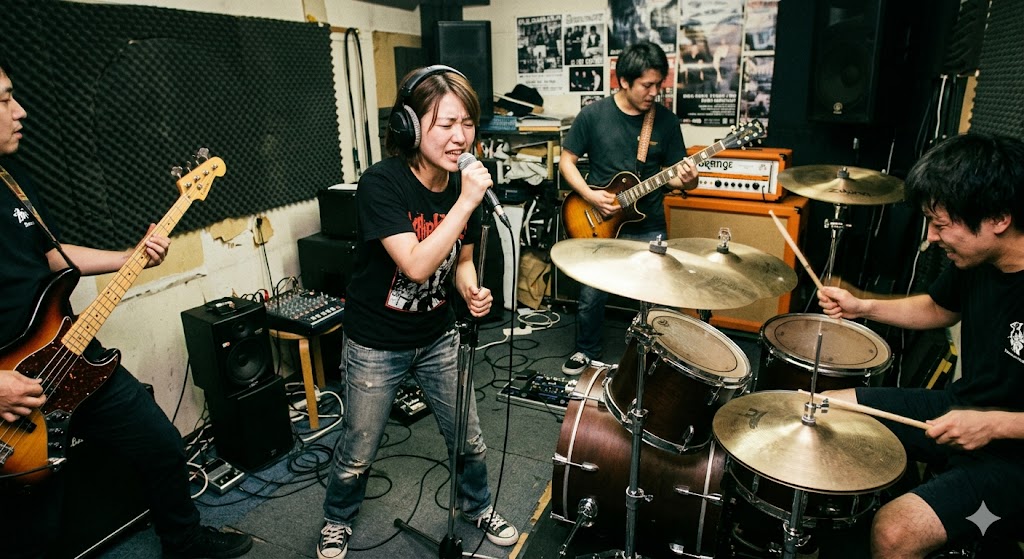 狭い音楽スタジオでドラムやギターの音圧に押され、喉を締め付けて叫ぶように歌う姪浜の音楽教室に通うバンドボーカルの様子