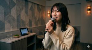 カラオケで高音を出す際に喉が締まり、苦しそうな表情でマイクを握って張り上げ発声をしてしまう女性。