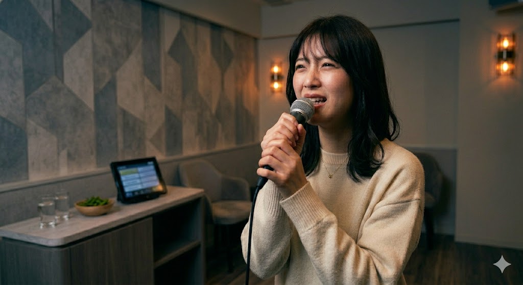 カラオケで高音を出す際に喉が締まり、苦しそうな表情でマイクを握って張り上げ発声をしてしまう女性。