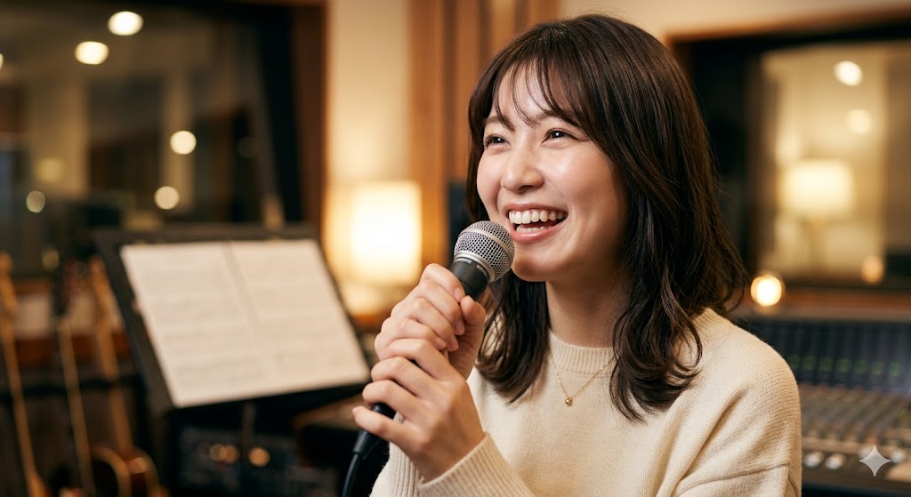 福重と井尻のTANNY音楽教室のボーカルレッスンで、リラックスして笑顔でミックスボイスを発声する女性生徒の様子。