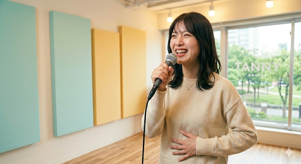 大橋で楽しそうにボイトレを受ける女性受講生