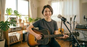 TANNY音楽教室（福重校・井尻校）のギターレッスンで、女性受講生がアコースティックギターを抱え、親指ミュートを意識しながらローコードを押さえている様子。