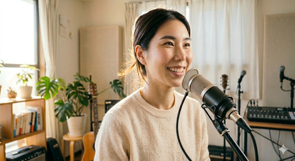 TANNY音楽教室（福重校・井尻校）のマンツーマンボイトレレッスンで、マイクに向かって正しいブレス（息継ぎ）の練習をする女性受講生。