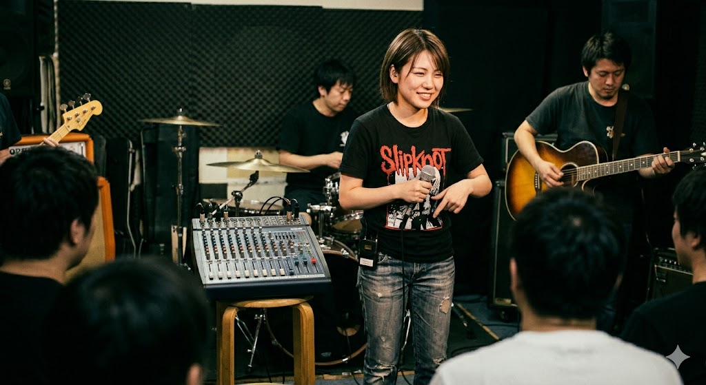 爆音のスタジオ練習中、イヤモニ(IEM)を装着し、リラックスした表情で涼しい顔をして歌う女性バンドボーカルの様子(姪浜のTANNY音楽教室の解決策の具現化)