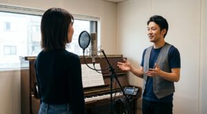 姪浜の歌 教室でプロの講師からボーカルレッスンを受ける生徒の風景。ピアノやマイクがある清潔感のあるスタジオでの対面指導の様子。