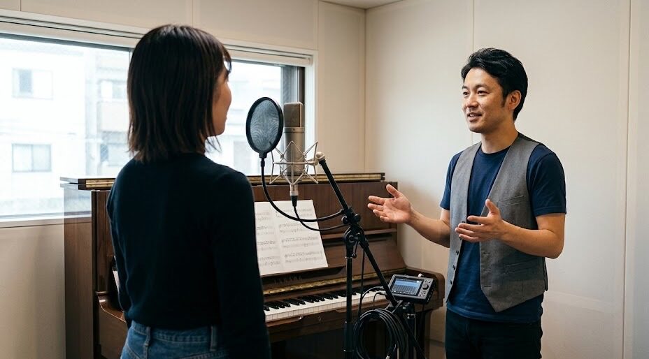 姪浜の歌 教室でプロの講師からボーカルレッスンを受ける生徒の風景。ピアノやマイクがある清潔感のあるスタジオでの対面指導の様子。