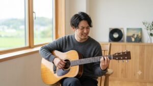 自宅のような温かみのある部屋で、集中してアコースティックギターの練習をする男性