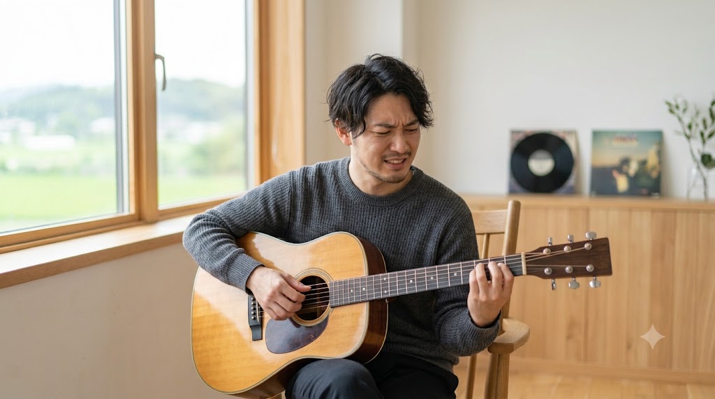 木目の美しいアコースティックギターを、集中した表情で練習している男性