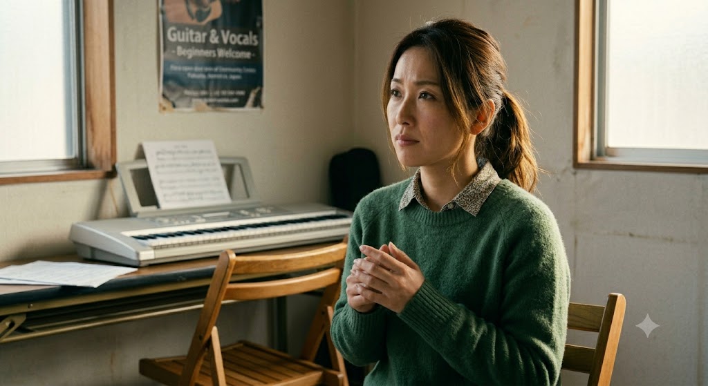 音楽教室のレッスン室で、今さらボイトレを始めるのは恥ずかしいと少し悩みながらも、前向きに考えている35歳前後の大人の日本人女性のイラスト画像