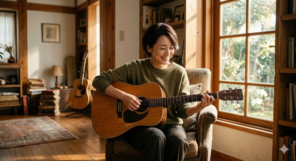 福岡のTANNY音楽教室が提案する「大人になってから始めるギター趣味」。自宅のリビングでリラックスしてアコギを弾く女性のイメージ