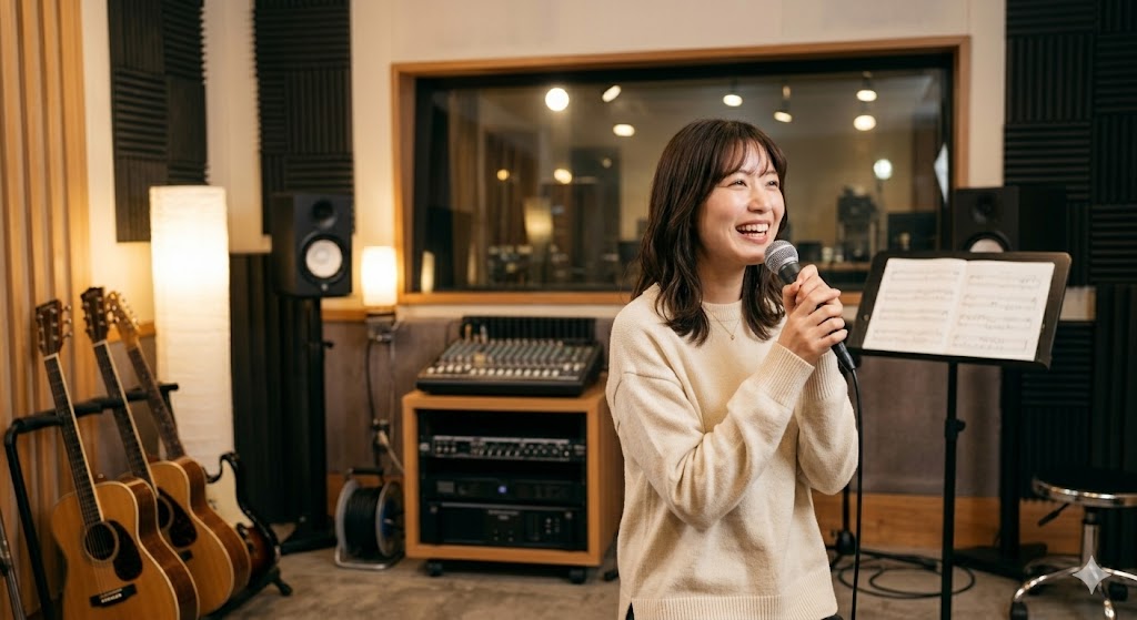 機材やギターが並ぶ洗練された音楽スタジオで、マイクを両手で持ち、にっこりと楽に歌う若い日本人女性の姿。