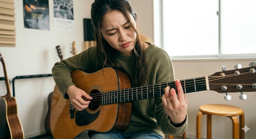 見出しの「指が痛くて諦める前に」という読者の悩みに完全に一致させ、検索意図を満たすためのテキストです。 アコースティックギターのFコードなどのコード練習で、指先が痛くて苦悶の表情を浮かべる初心者の若い日本人女性