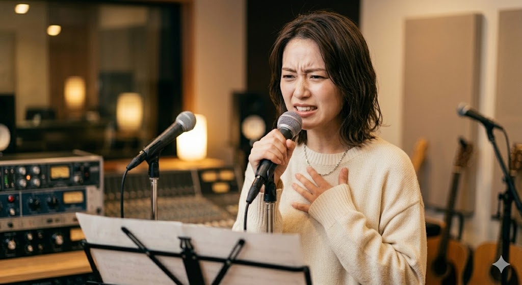 大橋や福岡市西区で評判のボイトレ教室・TANNY音楽教室の本格スタジオで、喉の力みやこもり声に悩みながらマイクで歌のレッスンを受ける女性