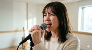 明るい音楽スタジオでマイクスタンドを両手で握り、眉をひそめて一生懸命に歌う若い日本人女性のクローズアップ。