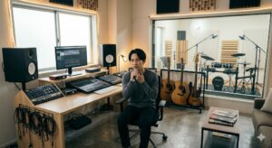 大橋や福岡市西区で評判のボイトレ教室・TANNY音楽教室の本格的な防音スタジオでマイクを持ちボーカルレッスンを受ける男性の風景