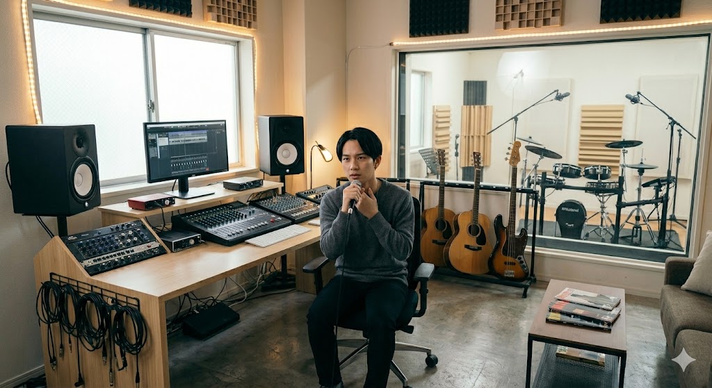 大橋や福岡市西区で評判のボイトレ教室・TANNY音楽教室の本格的な防音スタジオでマイクを持ちボーカルレッスンを受ける男性の風景