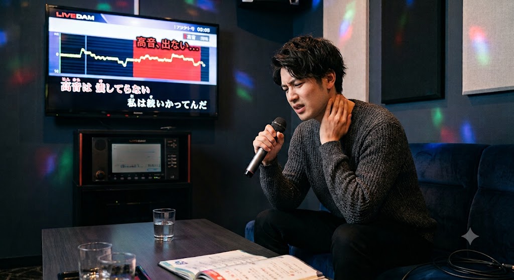 カラオケで高音が出ずに伸び悩んでいる男性ボーカルと声の土台づくりのイメージ