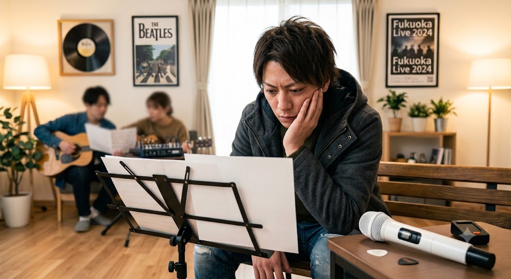 自宅のホームスタジオで、音楽譜面台を前に頬杖をついて考え込む若い日本人男性。手前にはマイクとギターピック。背景にはアコースティックギターを弾く男性、ビートルズのレコードやポスターがある。