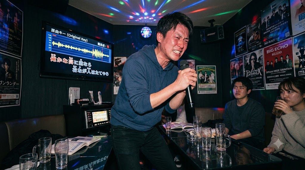 カラオケで「原曲キーで歌わなきゃダサい」という勘違いから、限界の高音に挑み、喉を締め付けて苦しそうな表情で歌う20代日本人男性のイメージ