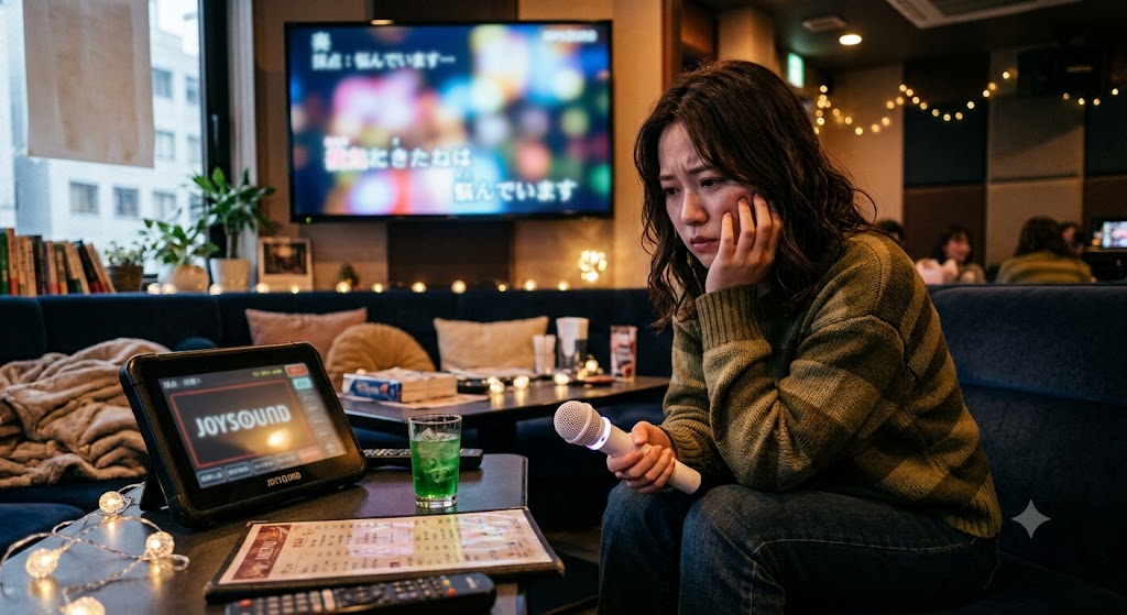 居心地の良いカラオケルームで、ソファに座り顎に手を当てて悩む若い日本人女性の candid写真。右手でマイクを持ち、左手で顎を支え心に響かない歌に悩んでいる。