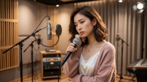音楽スタジオでマイクを持ち、歌い方に悩む女性の画像。福岡でボイトレを学ぶならTANNY音楽教室。母音コントロールで歌唱力が劇的に変わります。