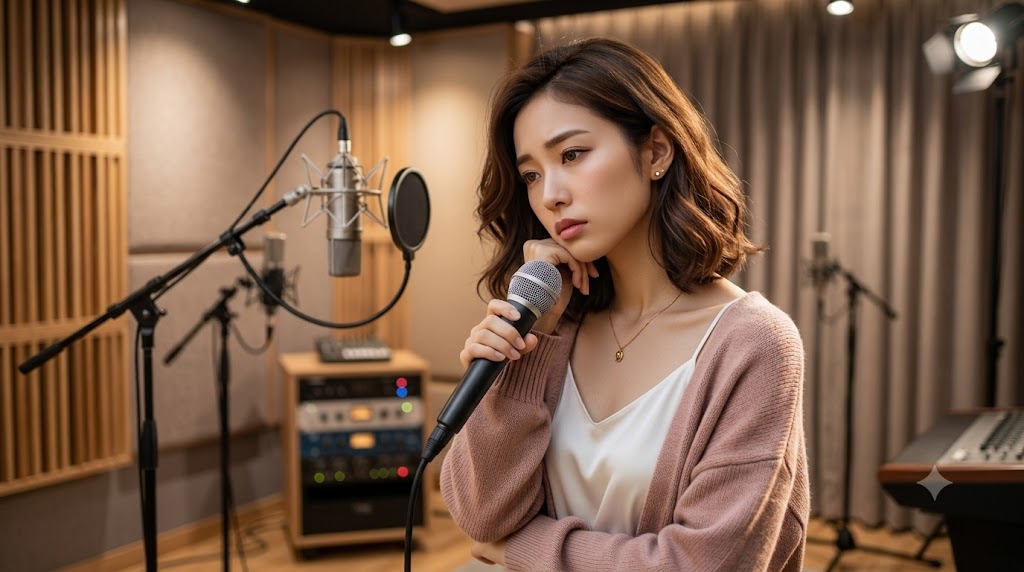 音楽スタジオでマイクを持ち、歌い方に悩む女性の画像。福岡でボイトレを学ぶならTANNY音楽教室。母音コントロールで歌唱力が劇的に変わります。