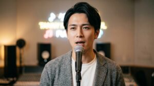 背景がぼかされた音楽スタジオでマイクを手に歌う、清潔感のある若い男性のポートレート
