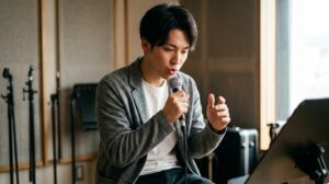 音楽スタジオで譜面台に向かい口元の発音とリズムのキレを真剣に確認しながら歌う清潔感のある若い男性