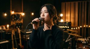 音楽スタジオでマイクを持ってボイトレをする日本人女性。映画のような質感の写真。