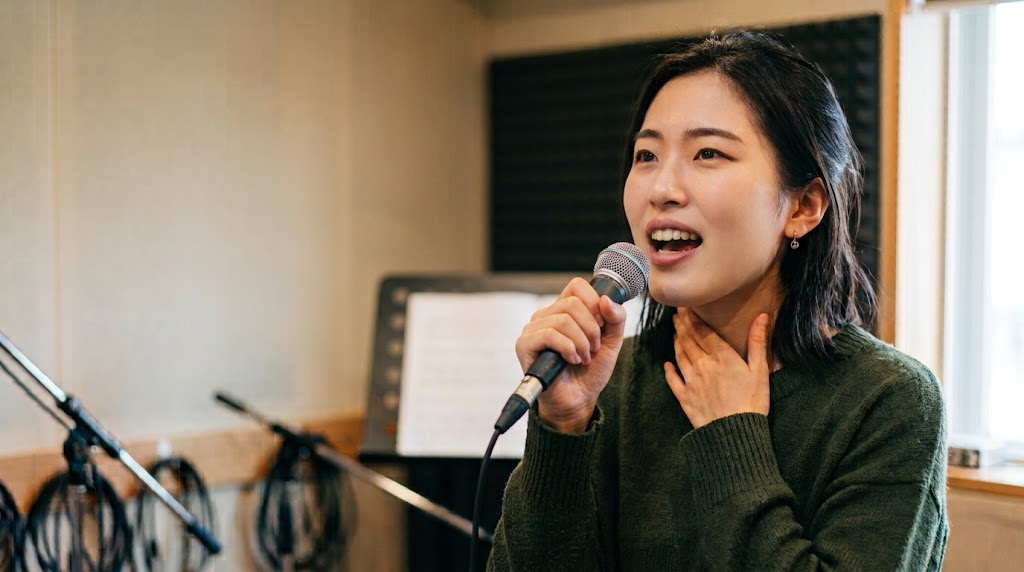 ダークグリーンのニットを着た女性が、本格的な音楽スタジオでマイクを握り、喉に手を当てながら高音を出そうと苦戦している様子。ボイストレーニングのイメージ。