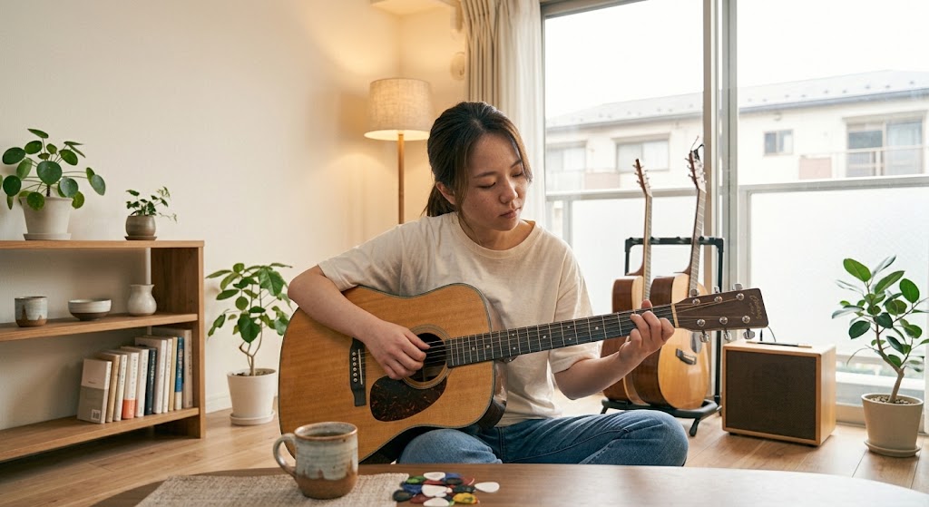 ギターのアルペジオで右手の小指を押し付けず脱力して綺麗な音を出すフォームを解説するTANNY音楽教室のアイキャッチ画像
